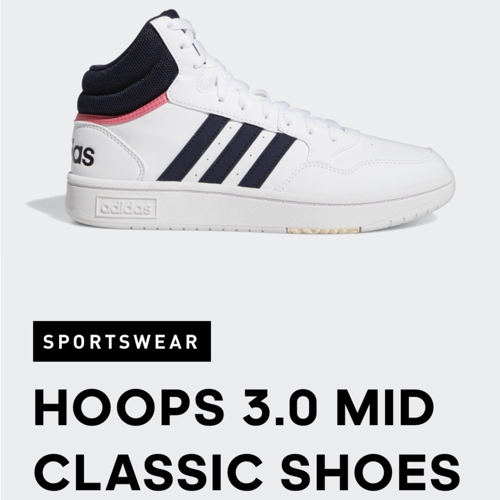 Adidas Hoops 3.0 Mid Classic – White/Navy/Pink – Women’s 8